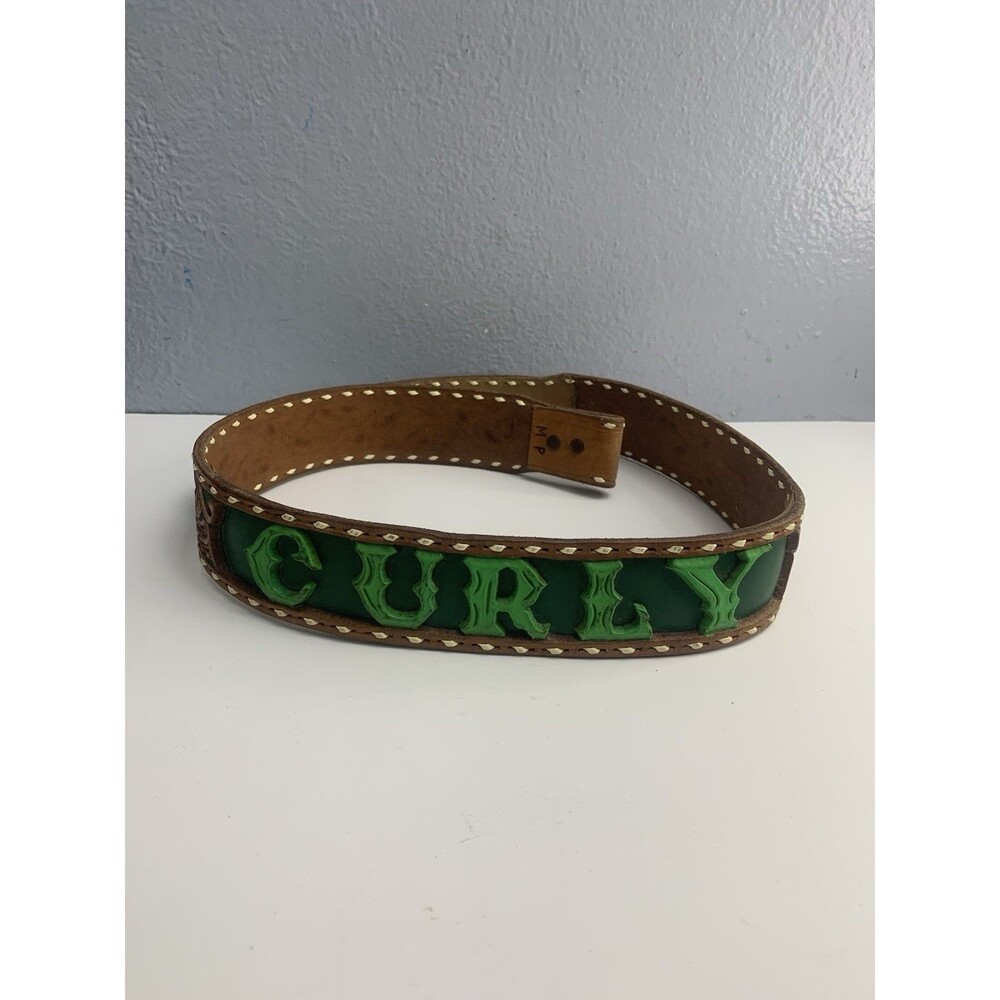 Vintage Tooled Brown and Green Leather Belt Personalized Name Curly Size 42"L